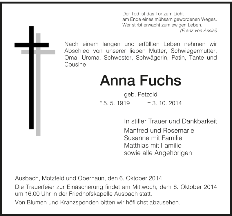  Traueranzeige für Anna  Fuchs vom 06.10.2014 aus Hersfelder Zeitung